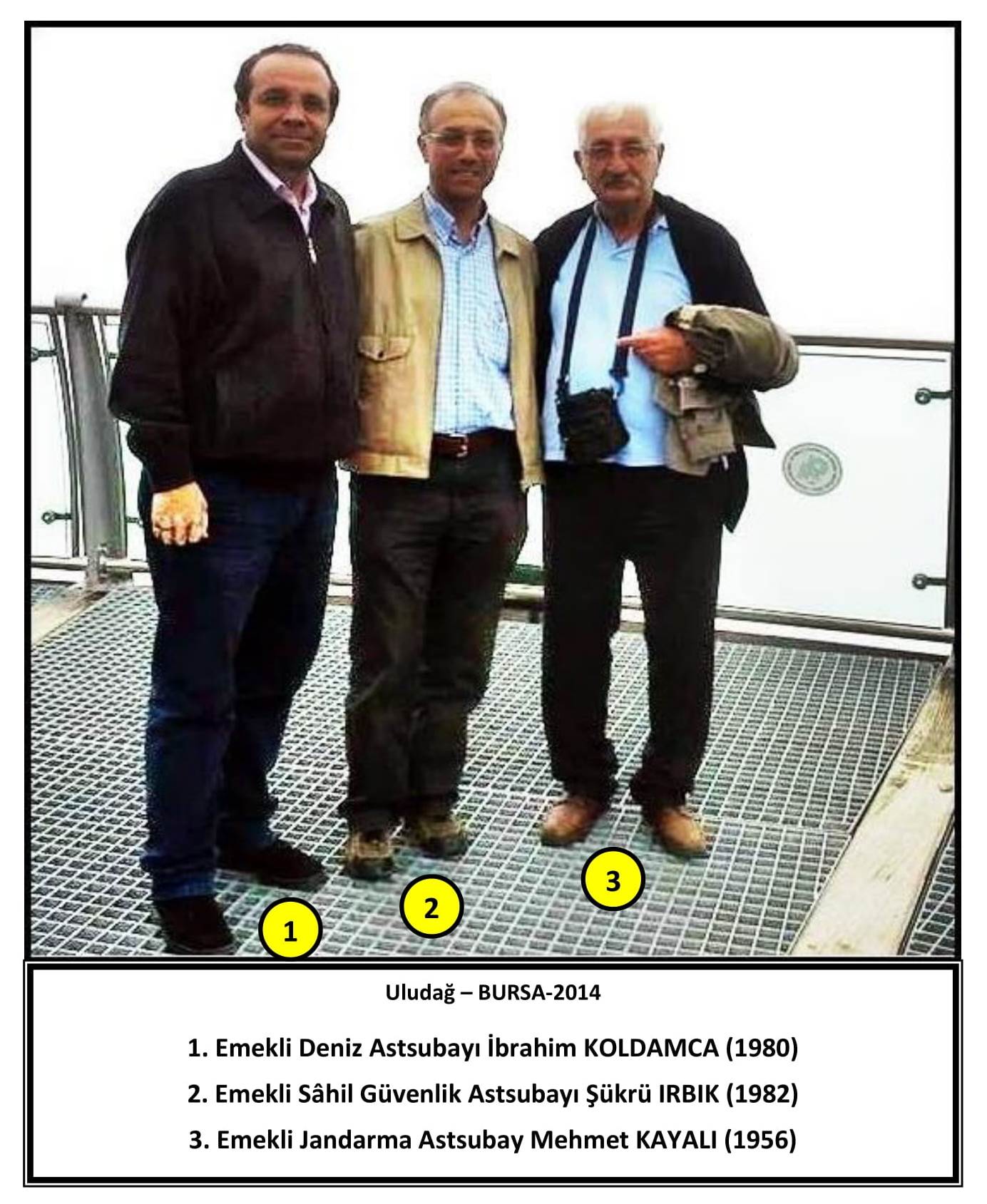 1. Emekli Deniz Astsubayı İbrahim KOLDAMCA (1980) 2. Emekli Sâhil Güvenlik Astsubayı Şükrü IRBIK (1982) 3. Emekli Jandarma Astsubay Mehmet KAYALI (1956) Uludağ-BURSA-2014